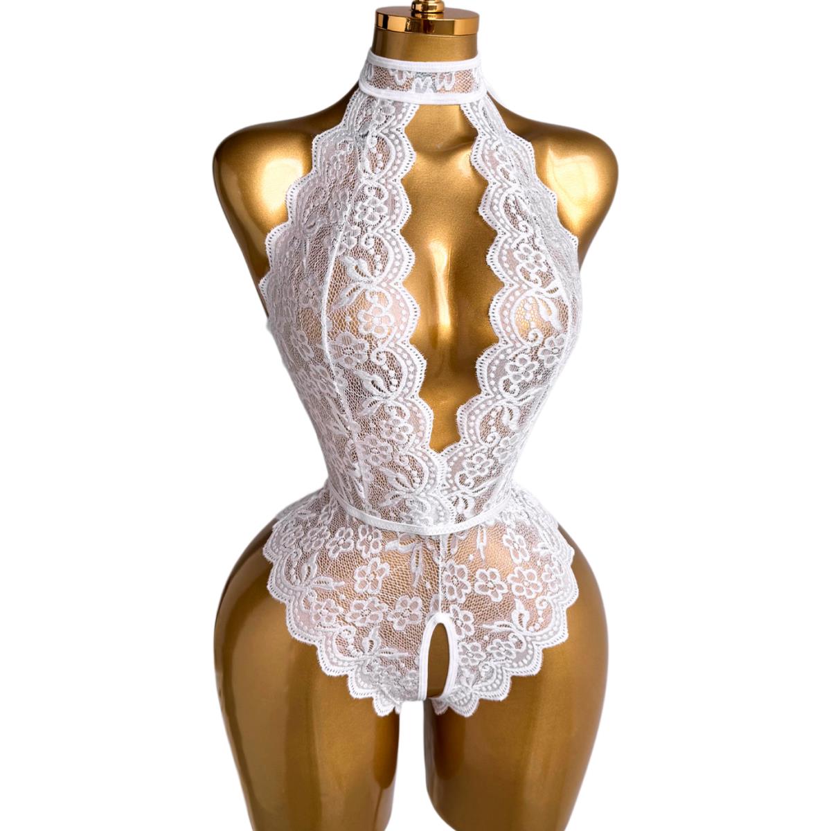 White Halter Neck Floral Lace  - Lace Teddy Lingerie recension och pris